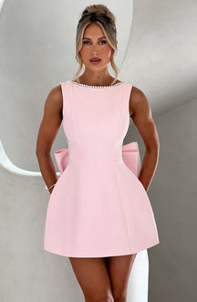 Women's Pearl-Trim A-Line Mini Party Dress with Bow | Yvonne in Pink