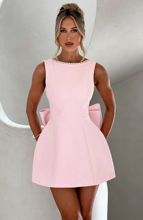 Women's Pearl-Trim A-Line Mini Party Dress with Bow | Yvonne in Pink