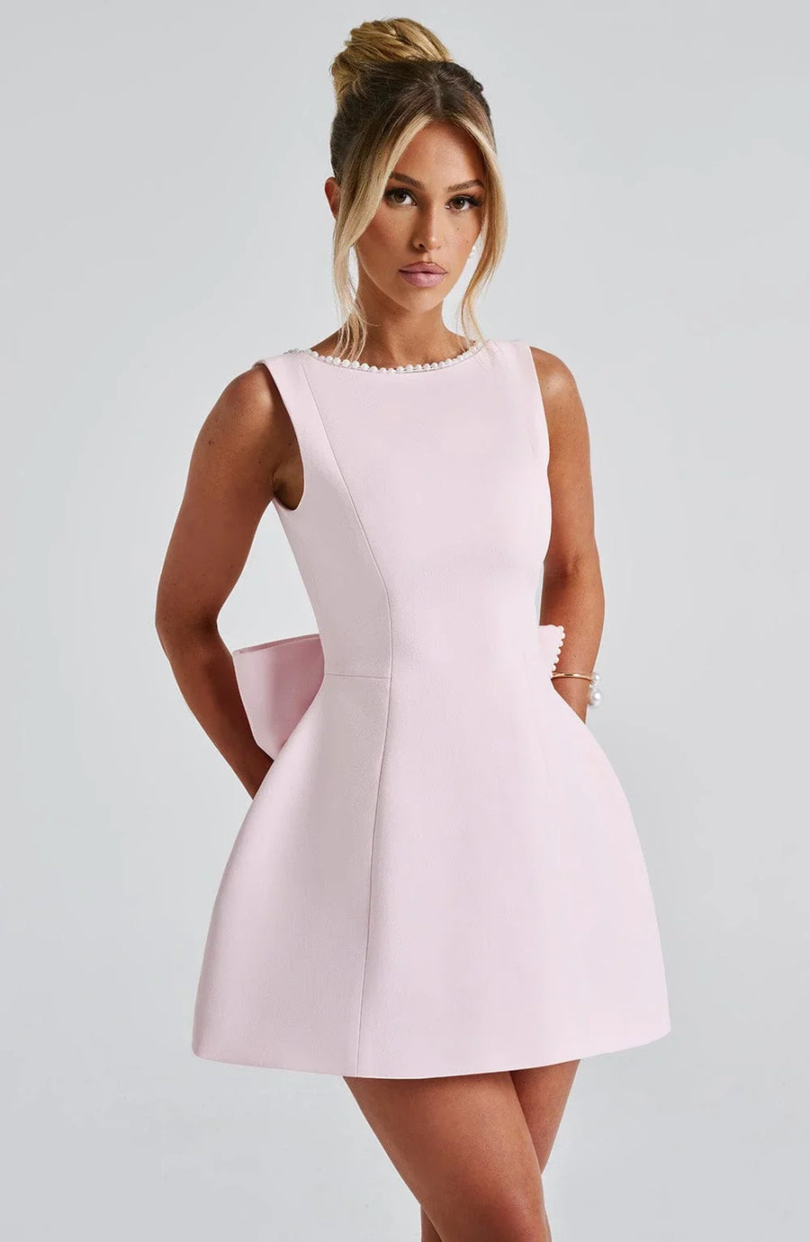 Women's Pearl-Trim A-Line Mini Party Dress with Bow | Yvonne
