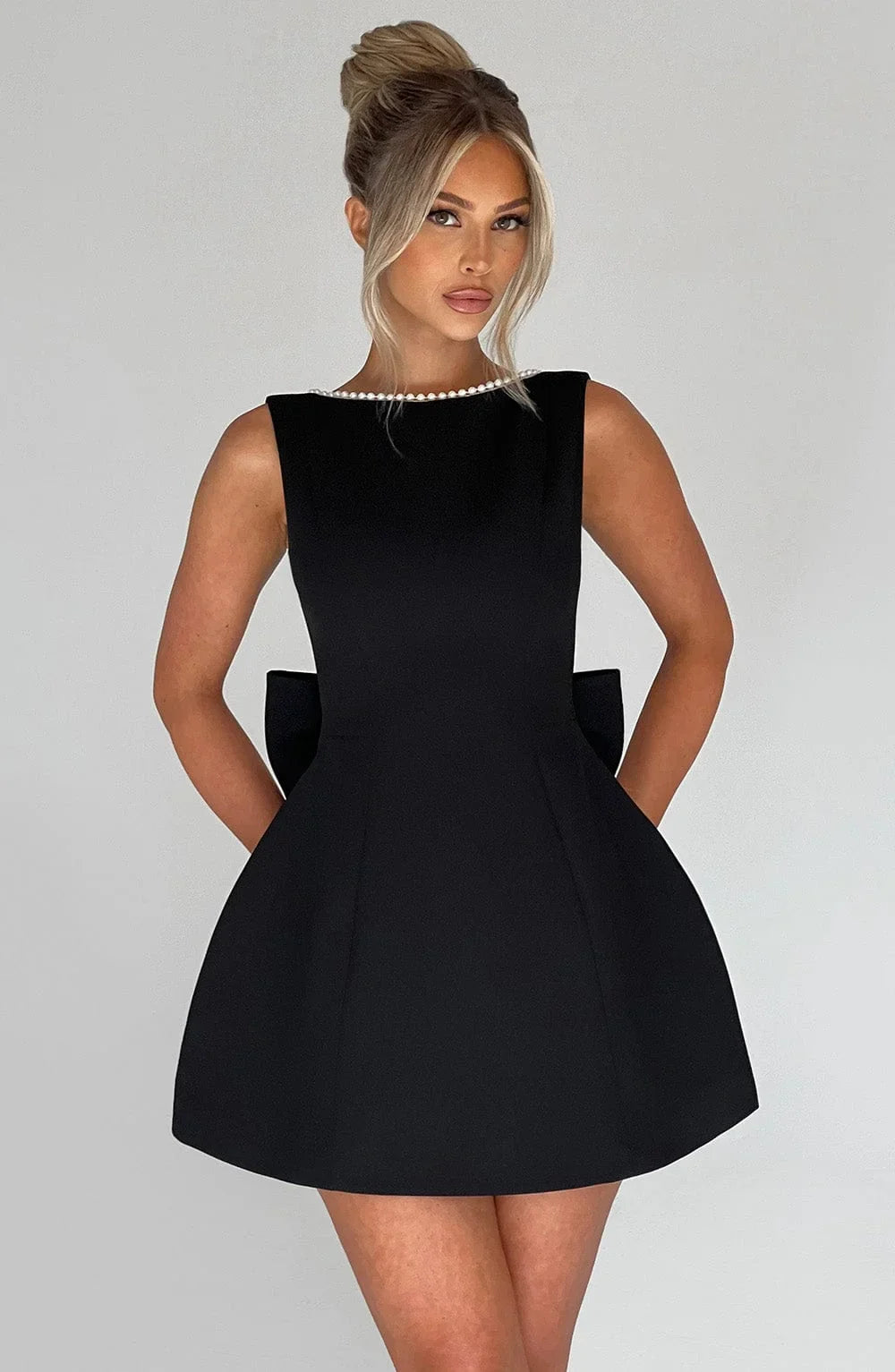 Women's Pearl-Trim A-Line Mini Party Dress with Bow | Yvonne in Black