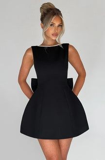Women's Pearl-Trim A-Line Mini Party Dress with Bow | Yvonne in Black