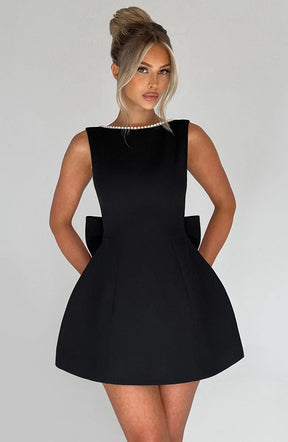 Women's Pearl-Trim A-Line Mini Party Dress with Bow | Yvonne in Black