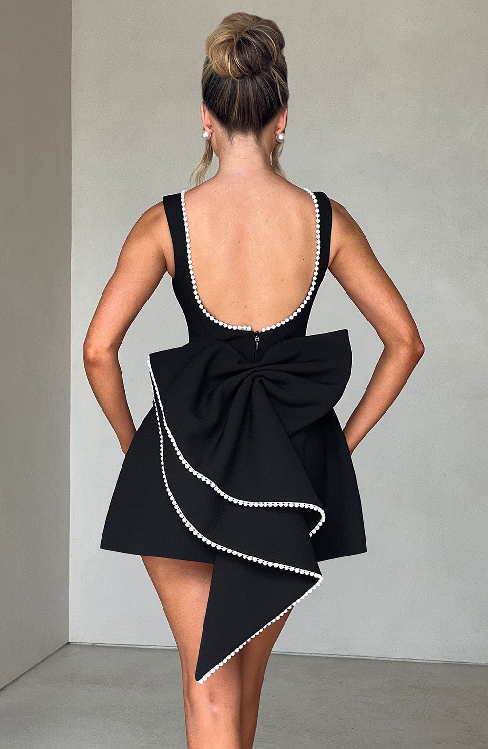 Women's Pearl-Trim A-Line Mini Party Dress with Bow | Yvonne
