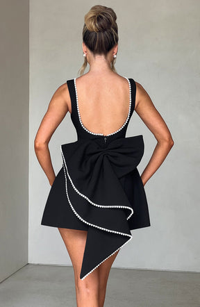 Women's Pearl-Trim A-Line Mini Party Dress with Bow | Yvonne