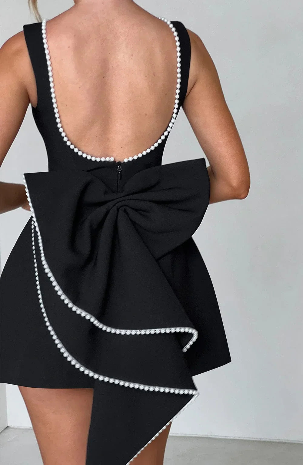 Women's Pearl-Trim A-Line Mini Party Dress with Bow | Yvonne